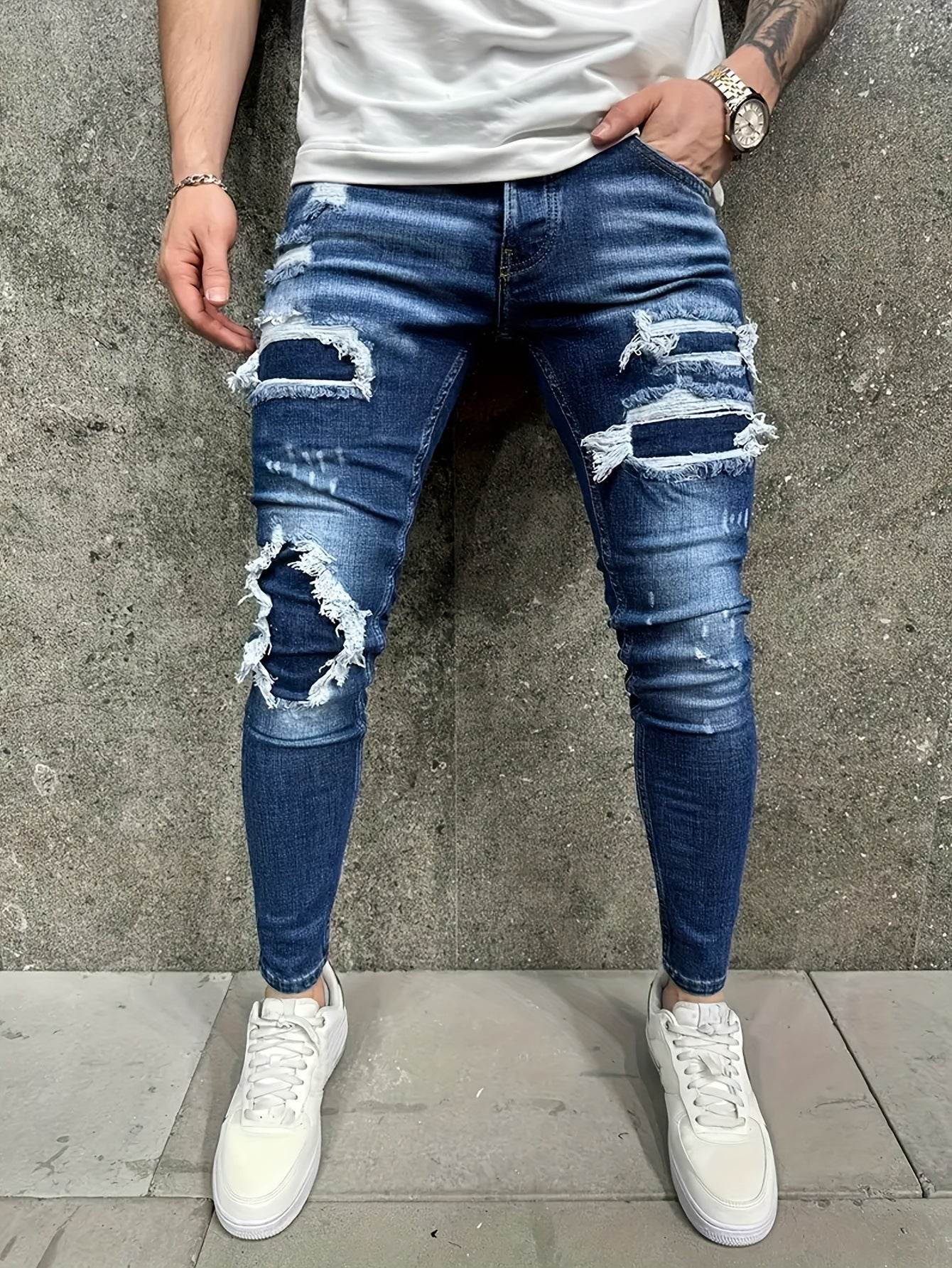 European & American Fashion Men's Jeans - Worn-Out Patch Design, Mid Waist - Buy Center