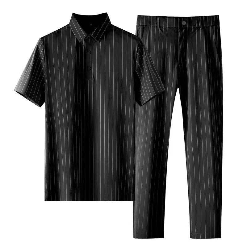Men's Ice Silk Stripes Casual Suit - Trendy Short Sleeve Trousers Set - Buy Center