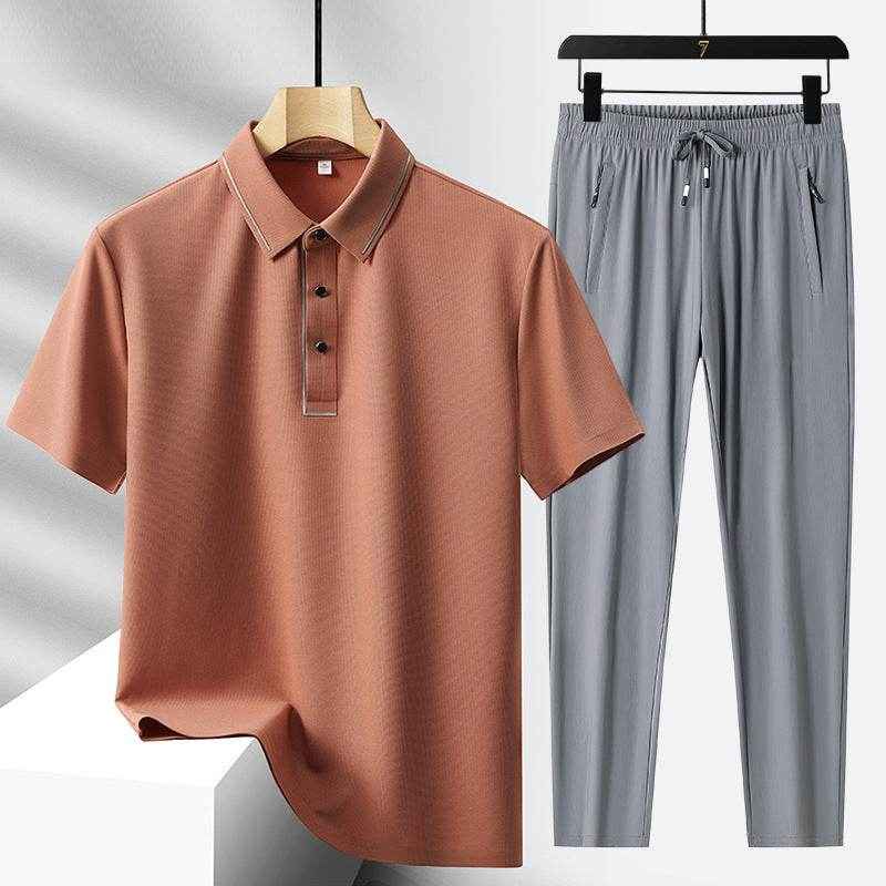 Men's Light Luxury Ice Silk Polo Shirt & Trousers Leisure Suit 2025