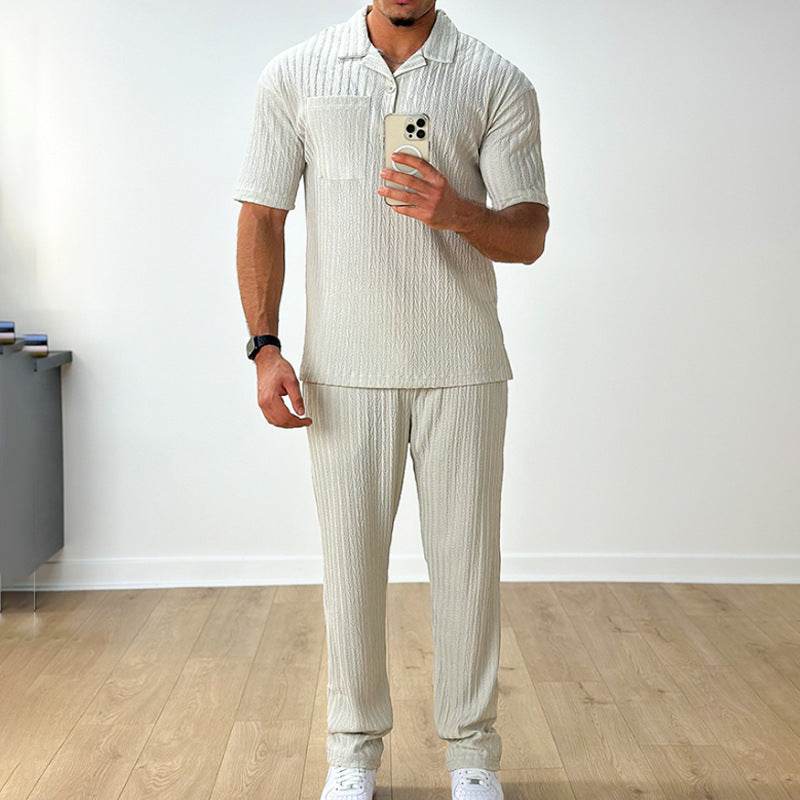 Stylish Cotton Blend Men's Polo Shirt Trousers Set - Casual Elegance - Buy Center