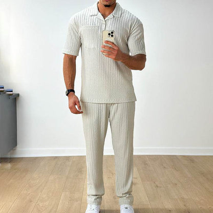 Stylish Cotton Blend Men's Polo Shirt Trousers Set - Casual Elegance - Buy Center