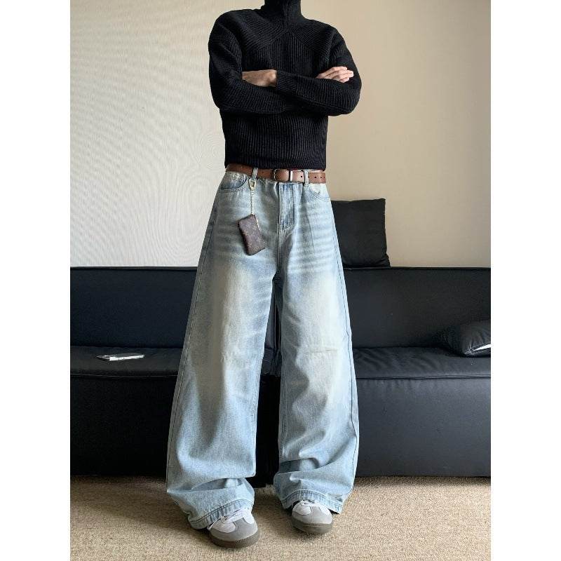 Retro Washed Loose Men's Jeans - Stylish Straight Wide-Leg Denim Pants - Buy Center