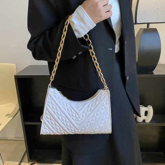 Buycenter Pleated Chain Baguette Shoulder Bag - Stylish PU Evening Accessory - Buy Center