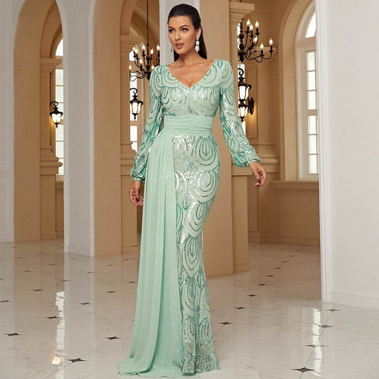 Elegant Long Sleeve Sequined V-Neck Dress - Perfect for Formal Events - Buy Center