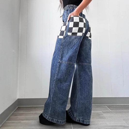 Women's Loose Plaid Contrast Denim Trousers - Stylish, Elastic Waist Fit - Buy Center