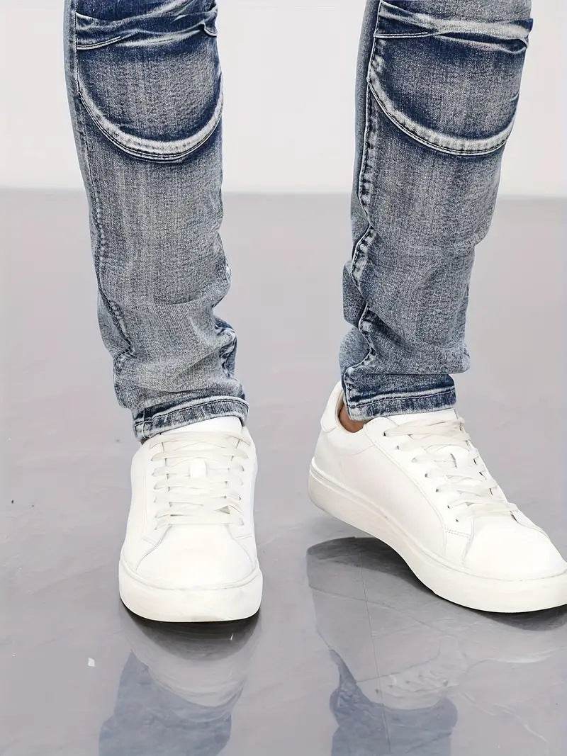Retro Casual Stretch Motorcycle Jeans for Men - Mid Waist, Light Blue - Buy Center