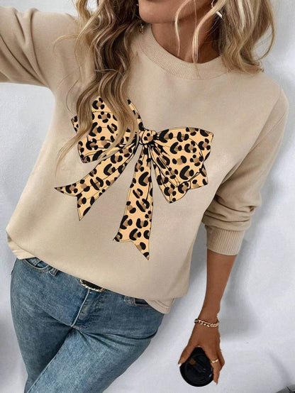 Leopard Print Bow Hoodie for Women - Cozy Loose Top for Fall & Winter - Buy Center