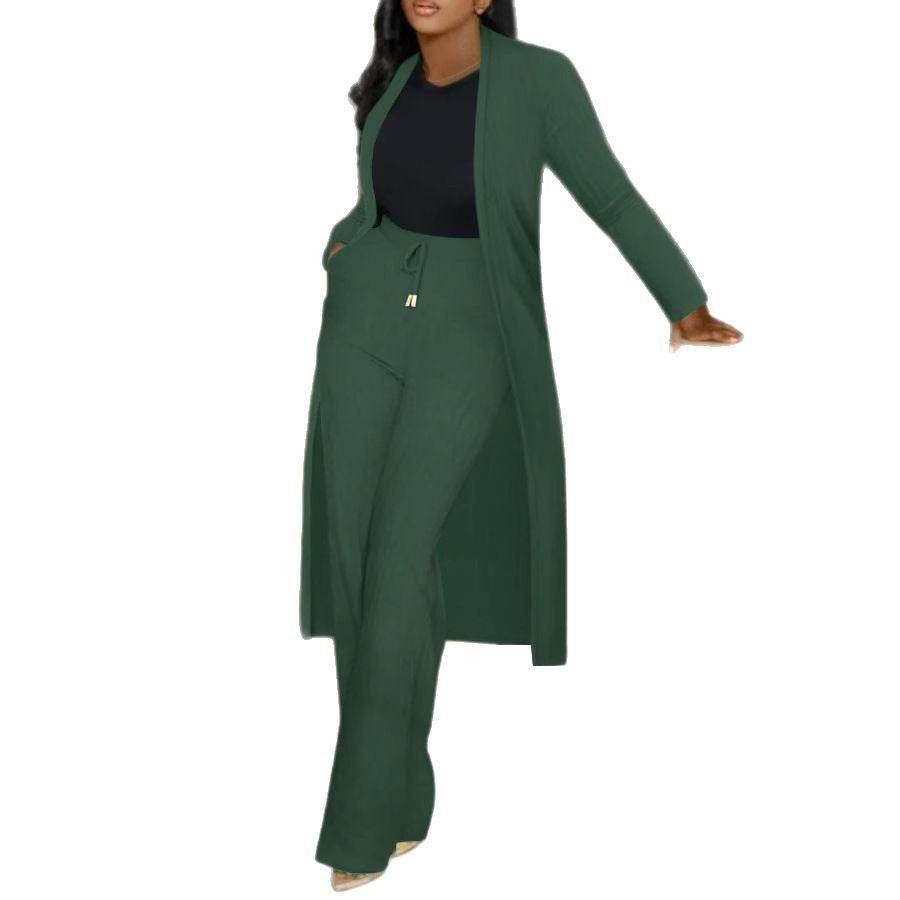 BuyCenter Stylish Two-Piece Set - Long Cardigan & Stripe Wide Leg Pants - Buy Center