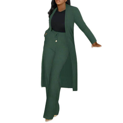 BuyCenter Stylish Two-Piece Set - Long Cardigan & Stripe Wide Leg Pants - Buy Center