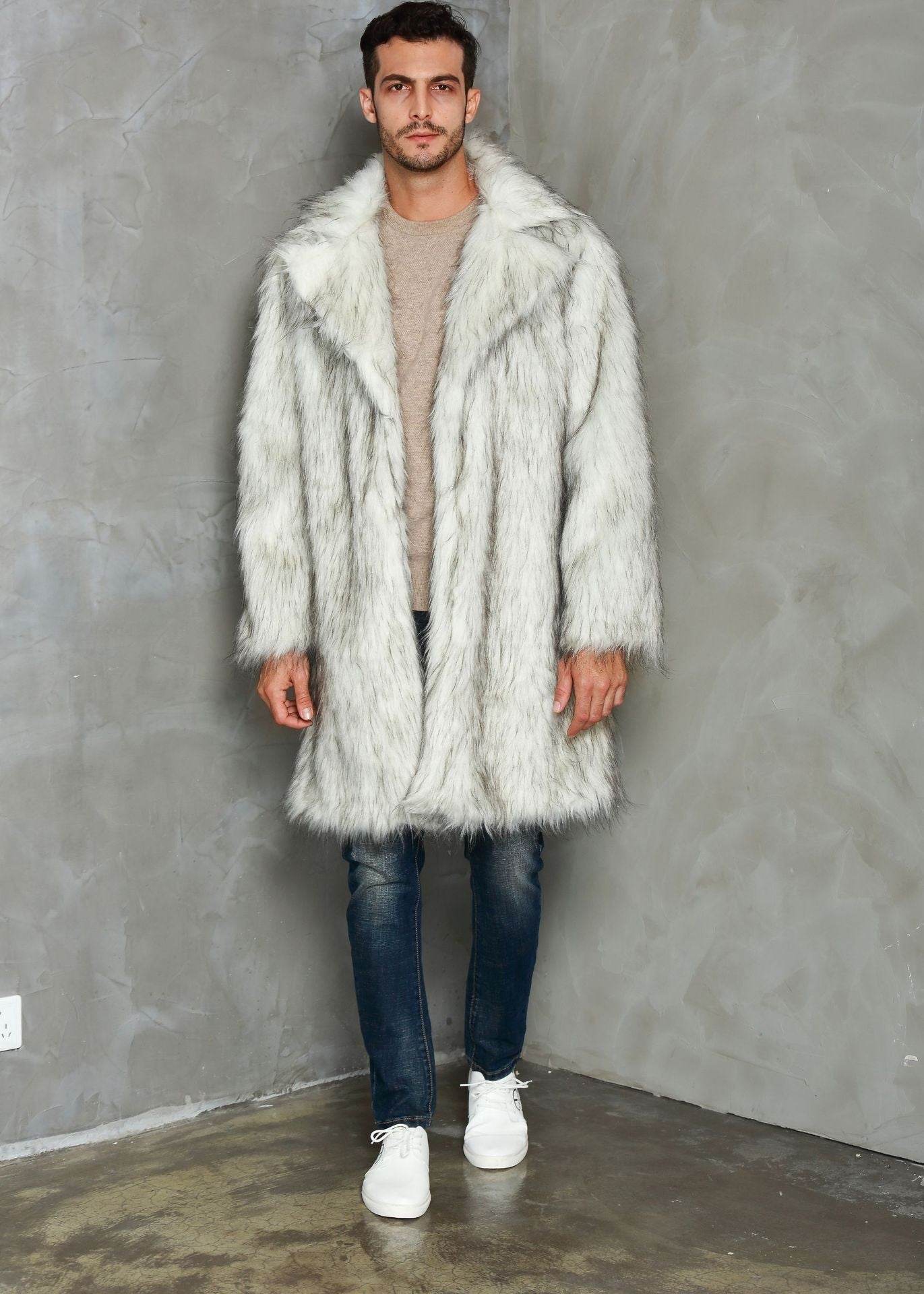 Men's Tailored Faux Fur Coat - Trendy Black & White Wool Blend 2025 - Buy Center