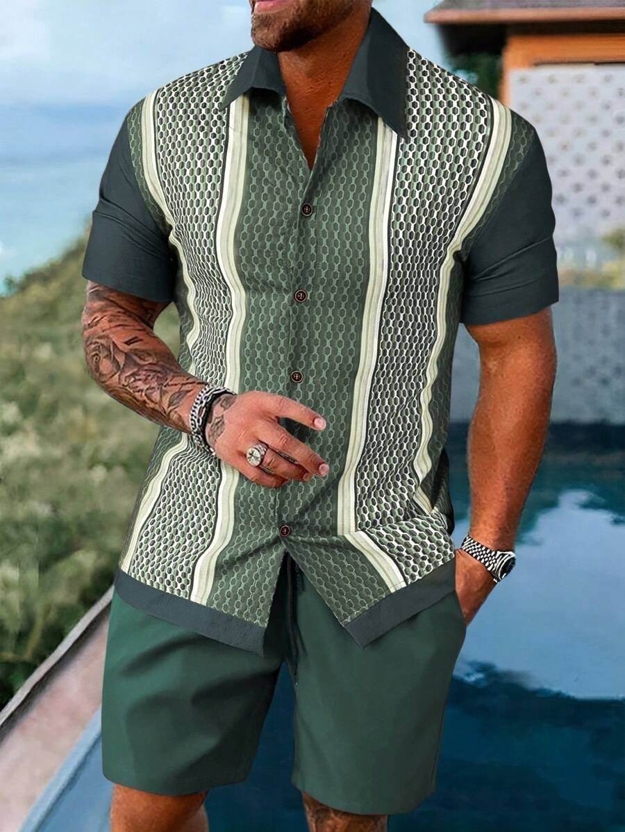 Men's Loose Casual Geometric Short Shirt - Lightweight & Breathable Summer Style - Buy Center