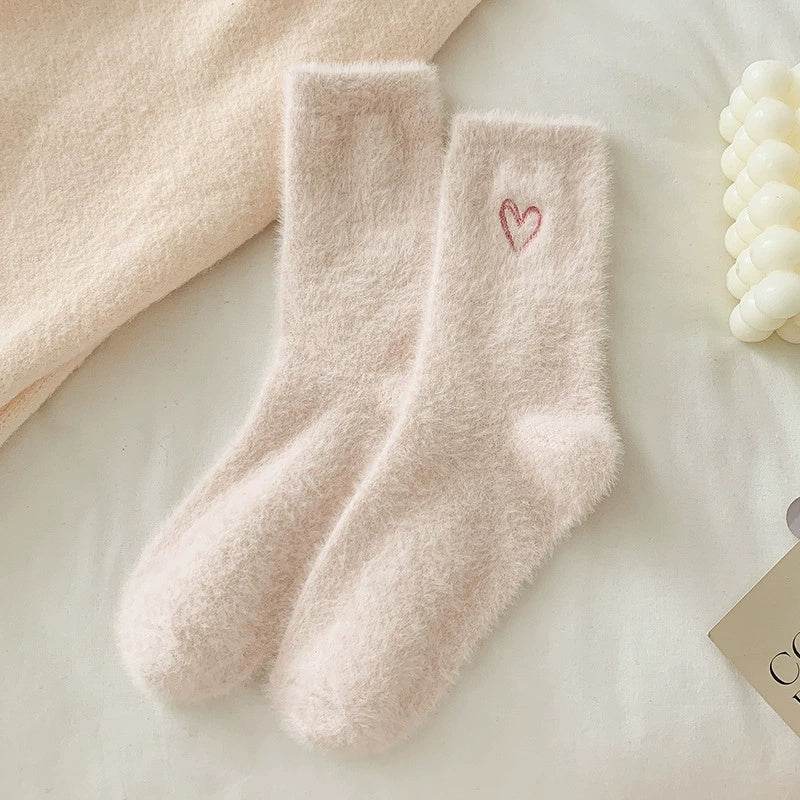 Women's Love Embroidered Plush Socks - Cozy Mink Fur, Non-Slip Design - Buy Center