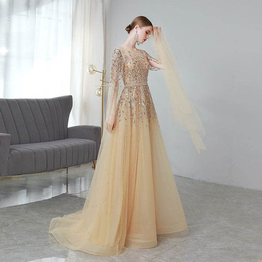 Buycenter Gold High-End Evening Dress - Korean U-Neck Design, Sizes S-3XL - Buy Center