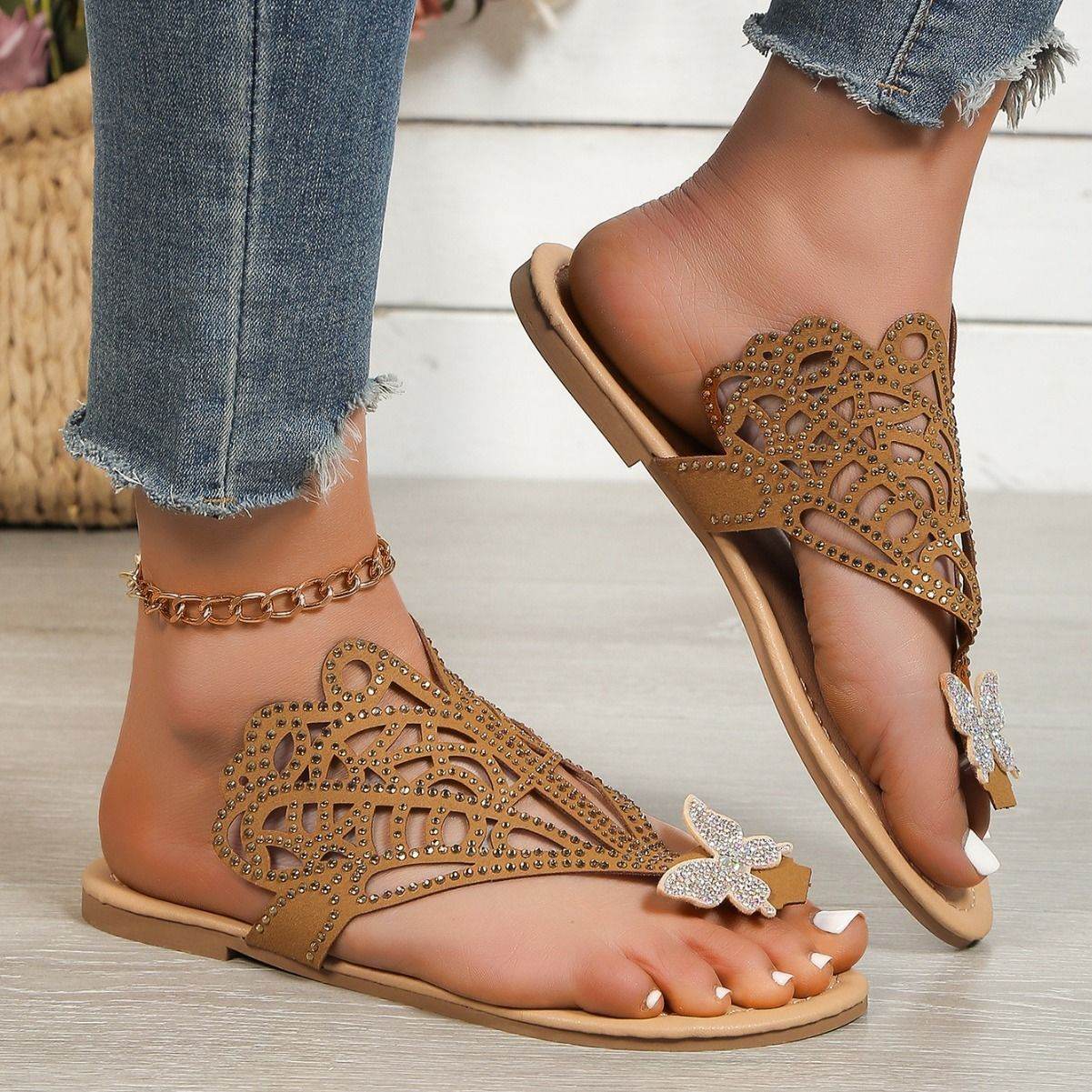Buycenter Women's Rhinestone Flip-toe Sandals - Slip-on Flat Slippers - Buy Center