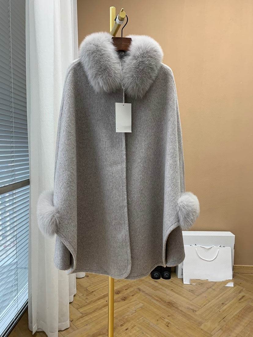 Buycenter Cape Fox Fur Collar Wavy Coat - Stylish Wool Blend Jacket - Buy Center