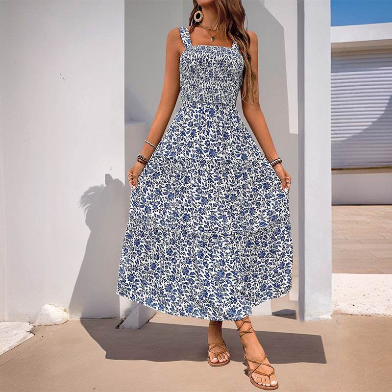 Buycenter Mid-Length Sleeveless Dress - Elegant Elastic Waist Floral Print - Buy Center
