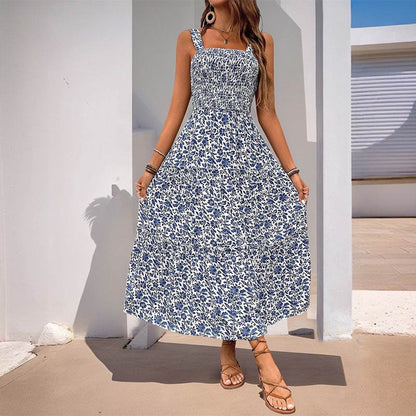 Buycenter Mid-Length Sleeveless Dress - Elegant Elastic Waist Floral Print - Buy Center