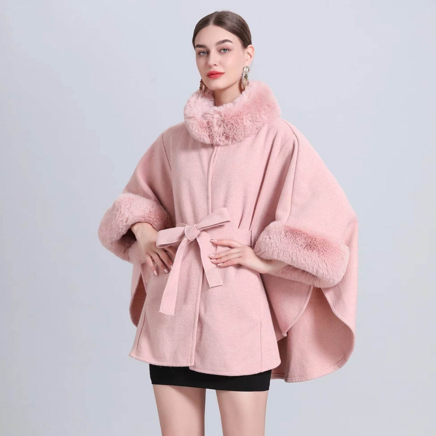 Buycenter Women's Rabbit Fur Collar Shawl Cape - Knitted Padded Jacket - Buy Center