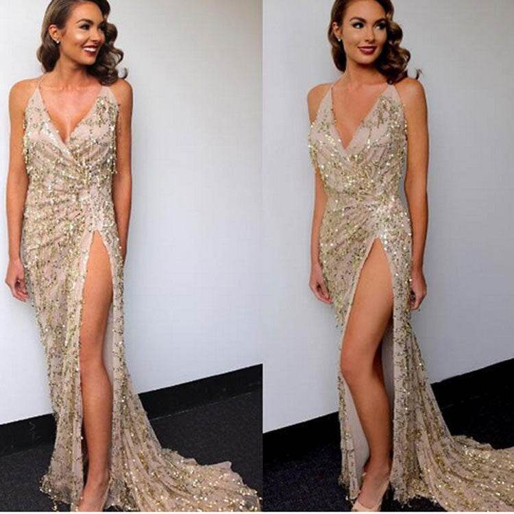 V-Neck Sexy Halter Sequin Dress - Stylish Bridesmaid Evening Wear 2025 - Buy Center