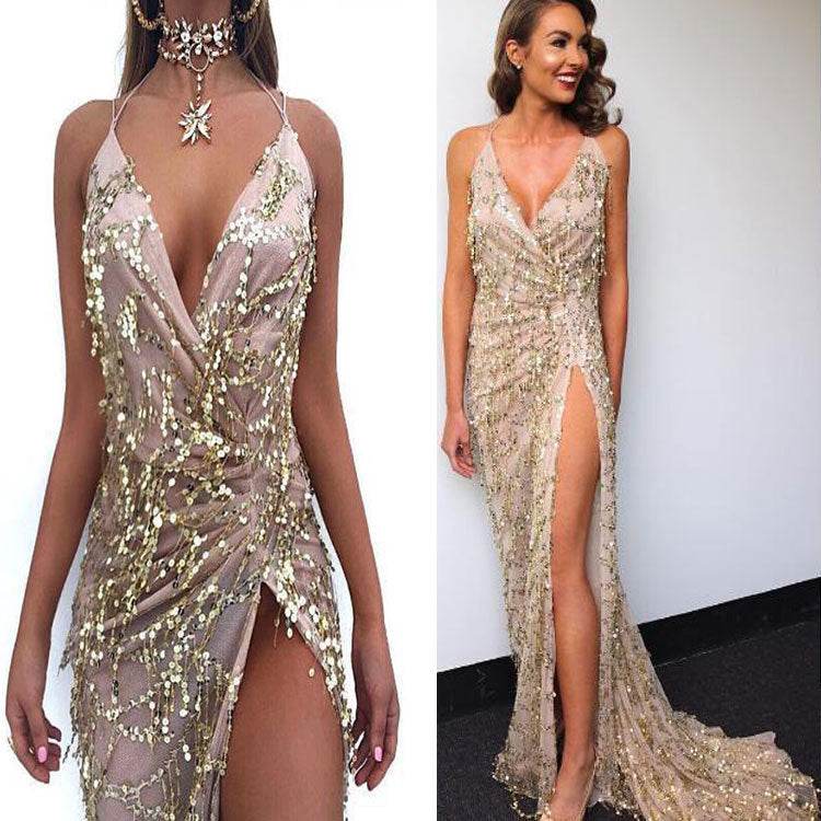 V-Neck Sexy Halter Sequin Dress - Stylish Bridesmaid Evening Wear 2025 - Buy Center