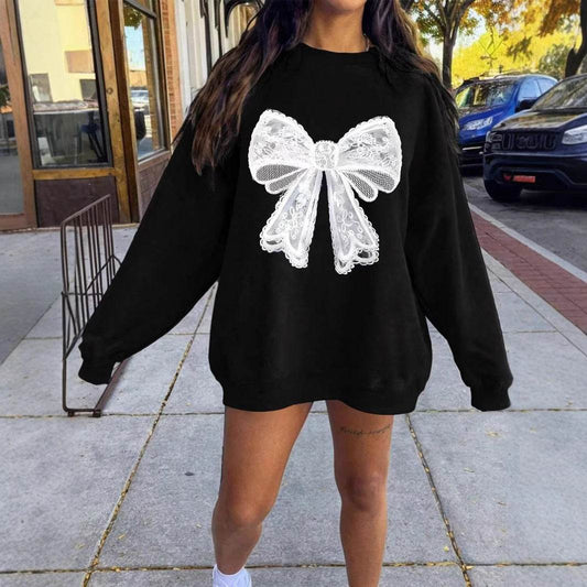 Leopard Print Bow Hoodie for Women - Cozy Loose Top for Fall & Winter - Buy Center