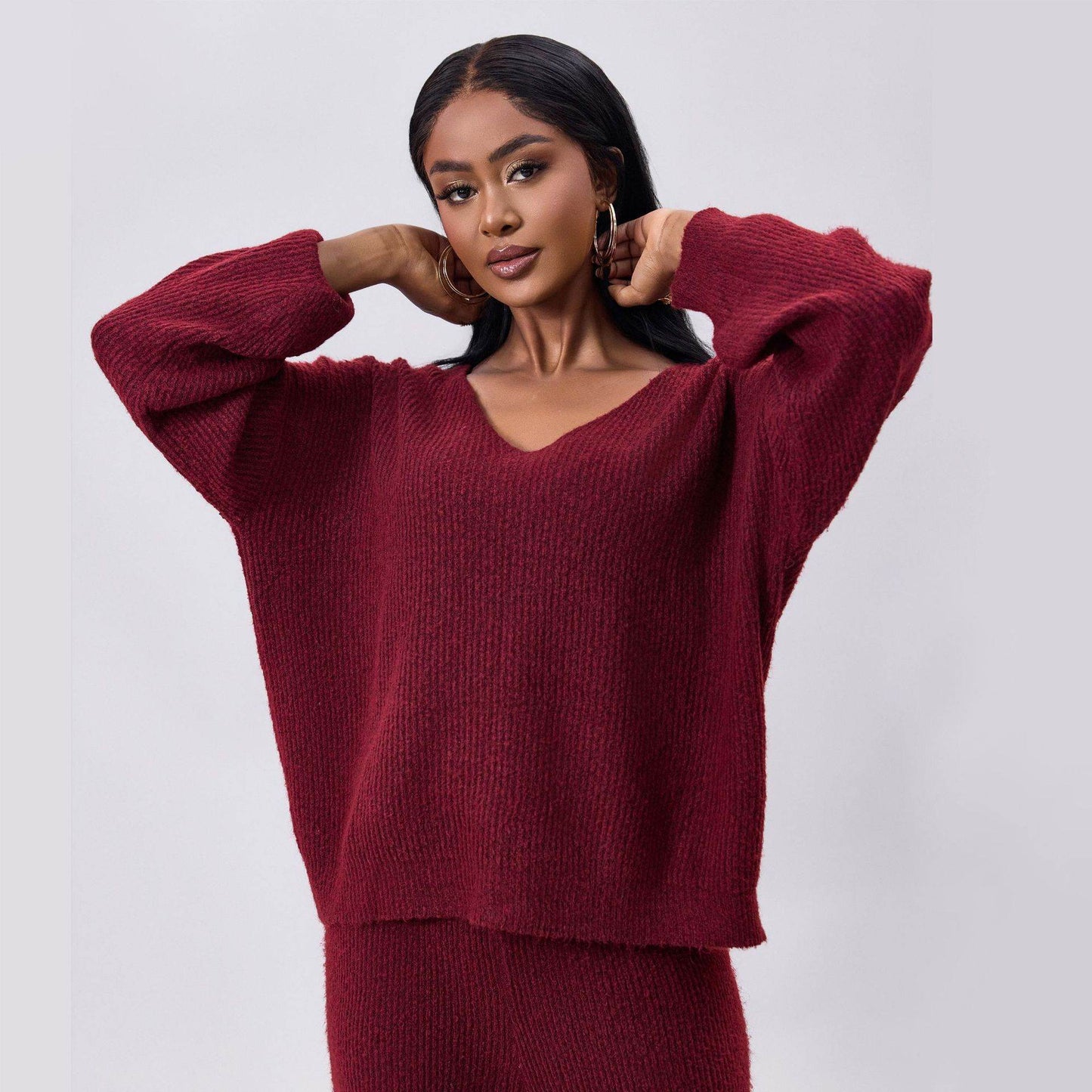 Stylish Knitted Sunken Stripe Long Sleeve Suit - Versatile Two-Piece Set - Buy Center