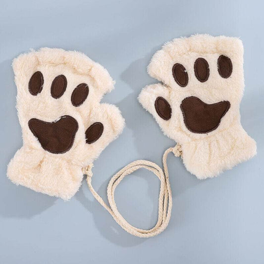 Women’s Plush Cat Paw Gloves - Warm Fingerless Mittens for Winter Style - Buy Center