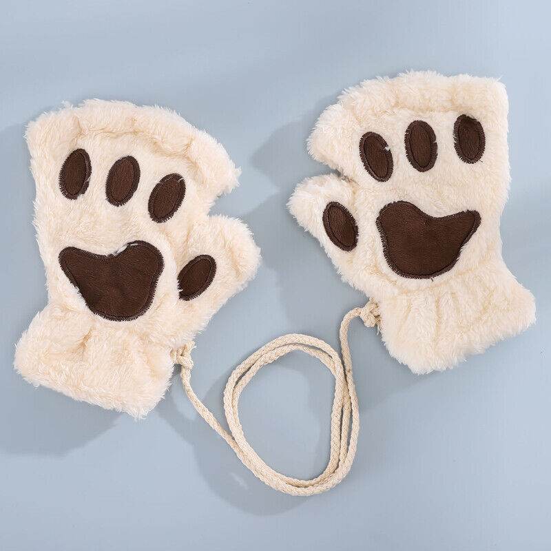 Women’s Plush Cat Paw Gloves - Warm Fingerless Mittens for Winter Style - Buy Center