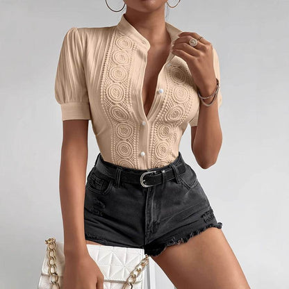 Elegant Lace Patchwork Women's Top - Trendy Stand-up Collar, Short Sleeve - Buy Center