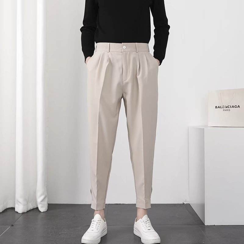 Solid Casual Men's Trousers - Velcro Cuffs, Straight Tube Design - Buy Center