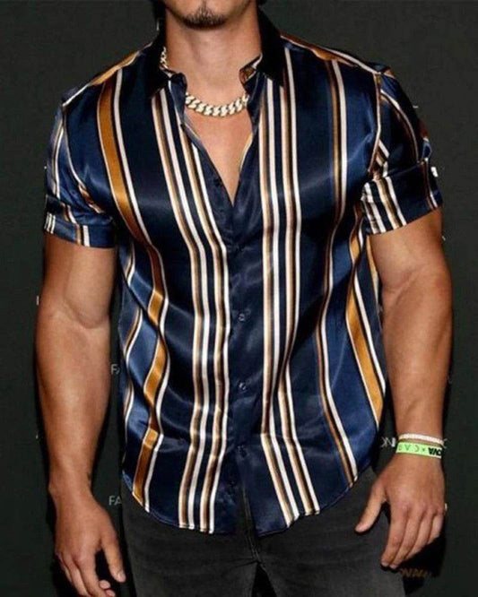 Buycenter Men's Casual Striped Shirt - Short Sleeve, Lapel Collar Style - Buy Center