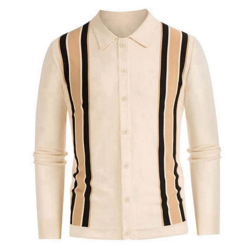 Buycenter Men's Thin Knitted Stripe Shirt - Long Sleeve, Flocking Style - Buy Center