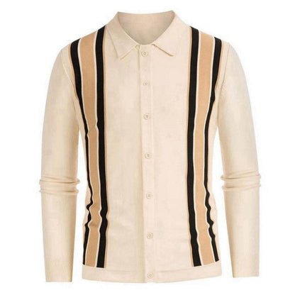 Buycenter Men's Thin Knitted Stripe Shirt - Long Sleeve, Flocking Style - Buy Center
