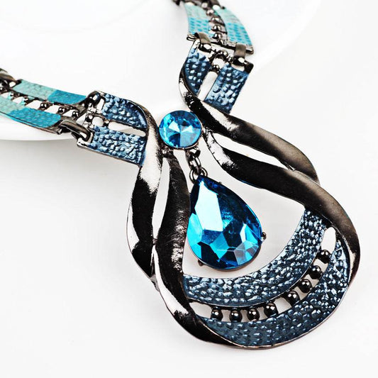 Exotic European-American Jewelry Set - Antique Oil Blue Necklace & Earrings - Buy Center