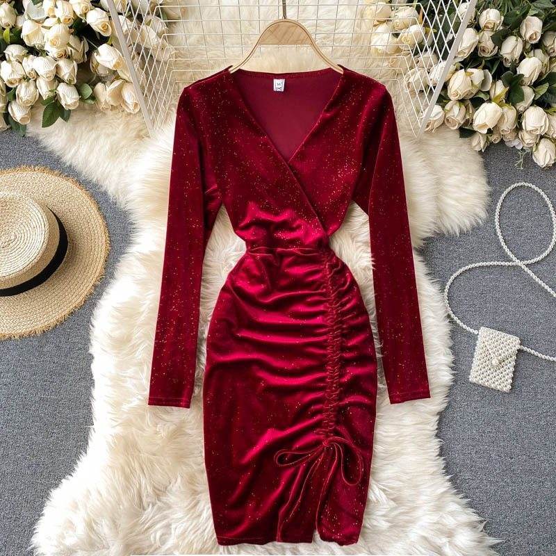 Buycenter V-Neck Velvet Evening Dress - Gold Long Sleeve & Waist Pack - Buy Center