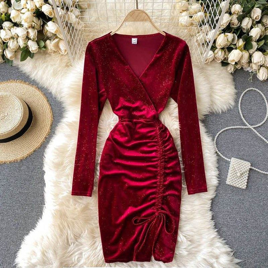 Buycenter V-Neck Velvet Evening Dress - Gold Long Sleeve & Waist Pack - Buy Center