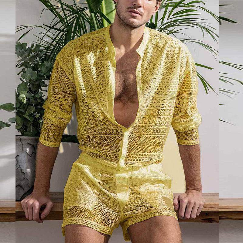 Buycenter Men's Summer Suit - Casual Long Sleeve Shirt & Shorts Set - Buy Center