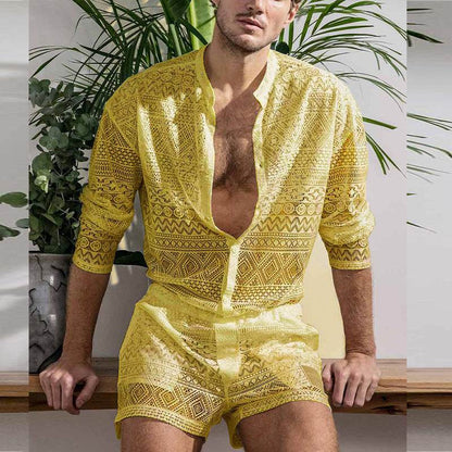 Buycenter Men's Summer Suit - Casual Long Sleeve Shirt & Shorts Set - Buy Center