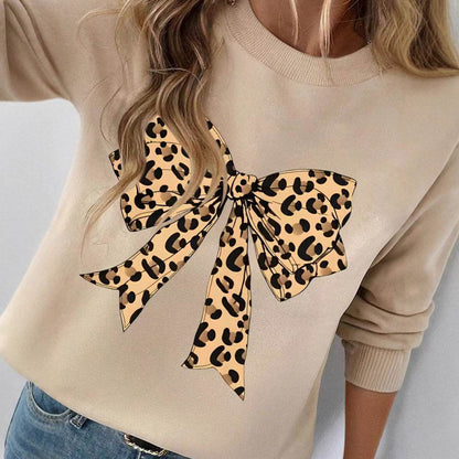 Leopard Print Bow Hoodie for Women - Cozy Loose Top for Fall & Winter - Buy Center