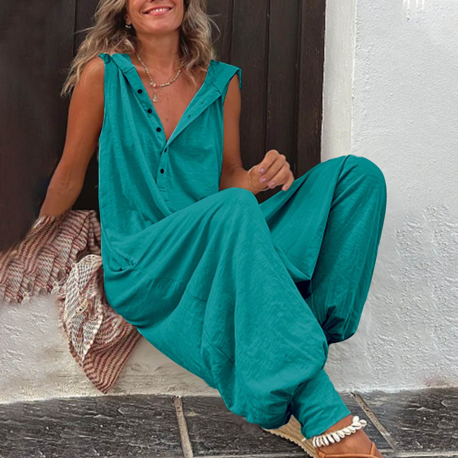 New Button Hooded Sleeveless Jumpsuit - Stylish & Comfortable for All Sizes - Buy Center