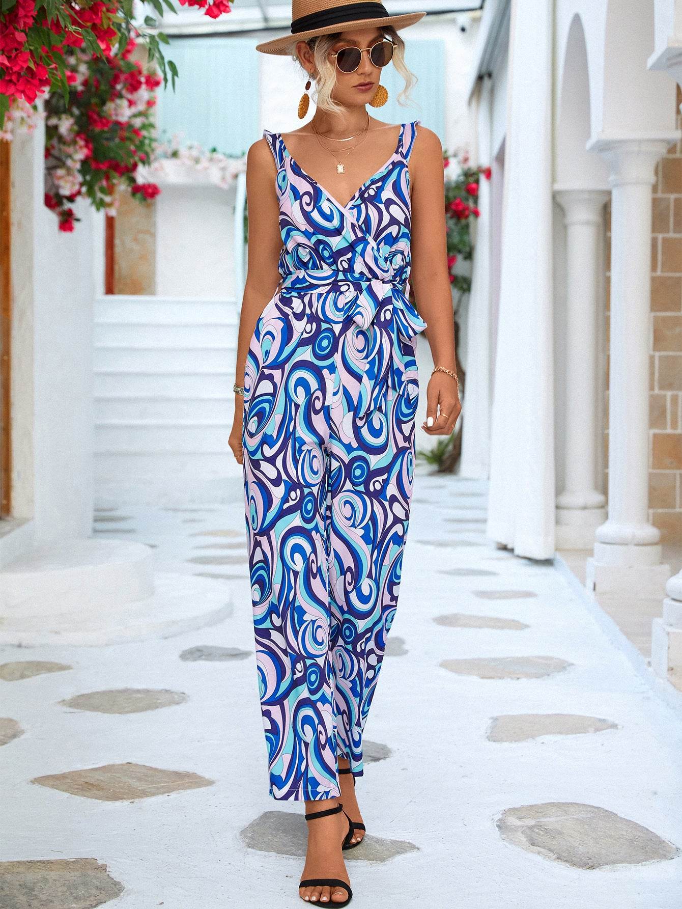Lotus Leaf Print Female Rompers - Stylish Polyester Trousers for 2025 - Buy Center