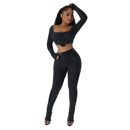 Buycenter Square Collar Skinny Pencil Pants - Stylish Two-Piece Suit - Buy Center