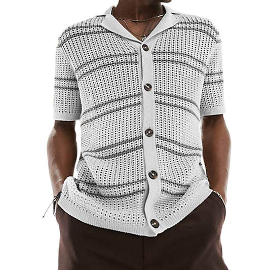 Men's Khaki Knitwear Cardigan - Stylish Lapel Design & Short Sleeve - Buy Center