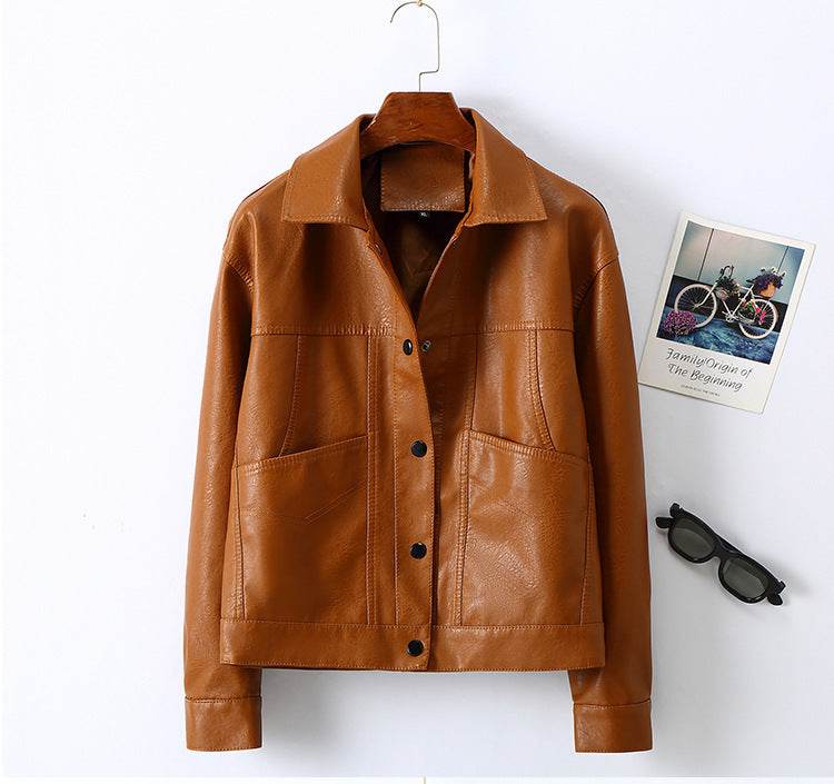 Women's Leather Short Coat - Stylish Lapel Design in Multiple Colors - Buy Center