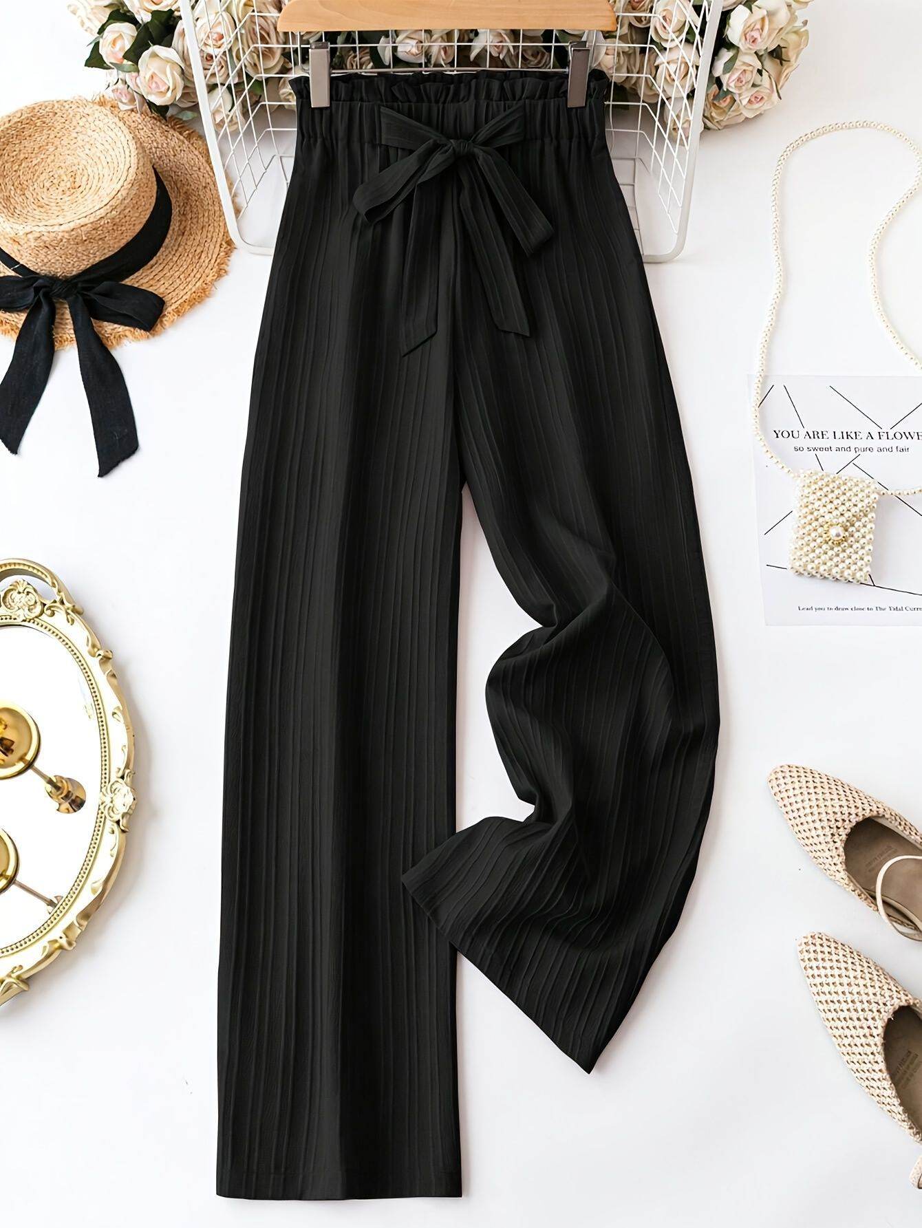Women's Solid Color Wide Leg Pants - Trendy Belted Style for Every Occasion - Buy Center