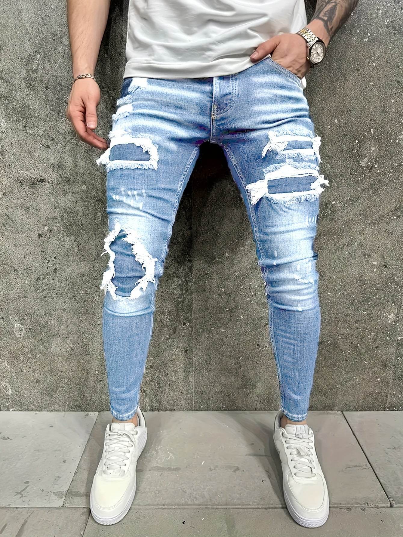 European & American Fashion Men's Jeans - Worn-Out Patch Design, Mid Waist - Buy Center