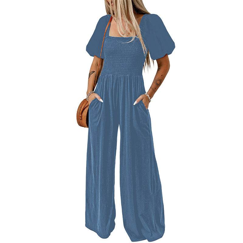 Women's Square Collar Black Jumpsuit - Chic Short Sleeve Design 2025 - Buy Center