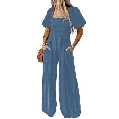 Women's Square Collar Black Jumpsuit - Chic Short Sleeve Design 2025 - Buy Center