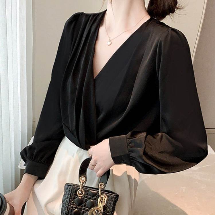 Women's V-Neck Satin Long-Sleeved Shirt - Stylish Work Blouse, Sizes S-2XL - Buy Center