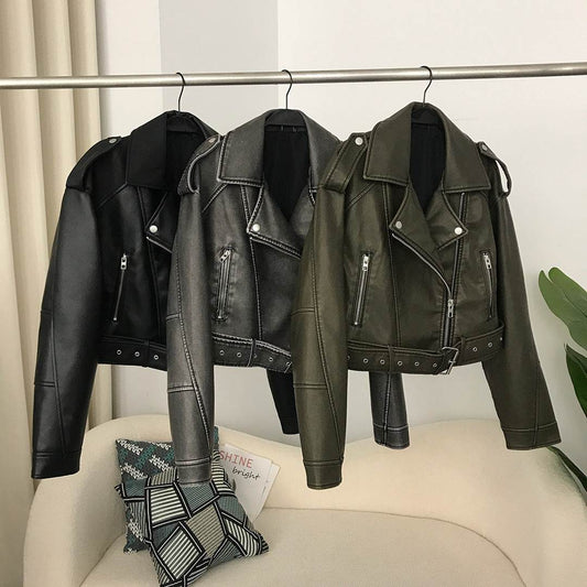 Women's Two-Color Washed Leather Motorcycle Jacket - Slim Fit Stylish Coat - Buy Center